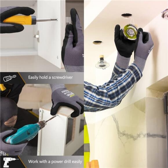 Work Gloves MicroFoam Nitrile Coated-6 Pairs,Seamless Knit Nylon Gloves,Gray - Picture 4 of 7